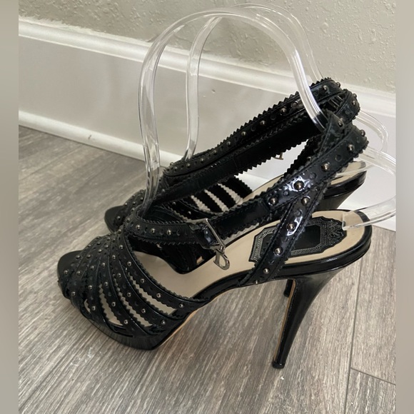 C. Dior Bonnie Black Leather Studded Open Toe Platform High Heels Size 38/ 7 - Picture 5 of 14